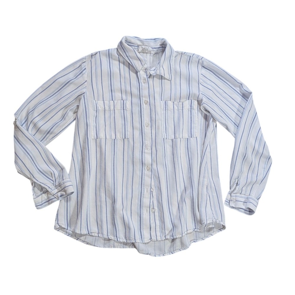 Olive & Oak Button Down Womens XS‎ White Blue Striped Rayon Shirt 3W30480